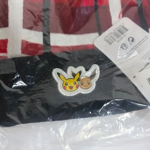 Pokémon Center Pikachu & Eevee Red Black Plaid Knit Beanie One Size Adult - NEW - Picture 2 of 4